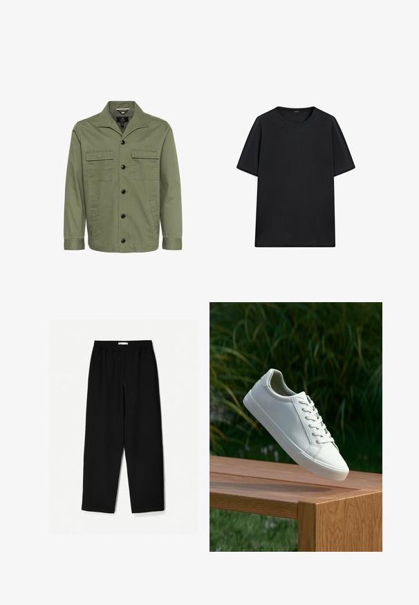 Oliven grøn jakke lavet af bomuld med krave, to brystlommer og knaplukning foran. Stofretningen har en subtil stribet tekstur.; Sort kortærmet T-shirt lavet af et glat, ensfarvet stof med en rund halsudskæring og løs pasform, uden synlige mønstre eller detaljer.; Sorte, vidde ben bukser lavet af et let stof. Har en elastisk talje og en glat tekstur. Ingen synlige mønstre eller hardware.; Hvide snørresneakers svævende over en træbænk med grønne planter i baggrunden, der fremhæver skodesign og tekstur.
