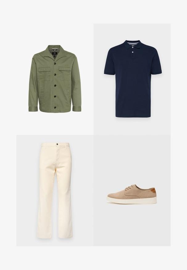 Olivnozeleno jakno iz bombaža s kragnico, dvema žepoma na prsih in sprednjim zapiranjem na gumb. Tkanina ima subtilno črtasto teksturo.; Polo majica s kratkimi rokavi v mornarsko modri barvi, izdelana iz bombaža, z ovratnikom in tremi gumbi ter diskretno vodoravno črtastim vzorcem na ovratniku.; Kremno obarvani bombažni jeans z naravnim krojem nogavic, ki vključujejo sprednji gumb in standardno pet žepno zasnovo.; Bež tkanine usnjene superge z zaobljenim nosom, vezalkami na sprednji strani in teksturiranim zadnjim detajlom. Belo gumijasto podplato zagotavlja kontrast. Enostaven in sodoben dizajn.