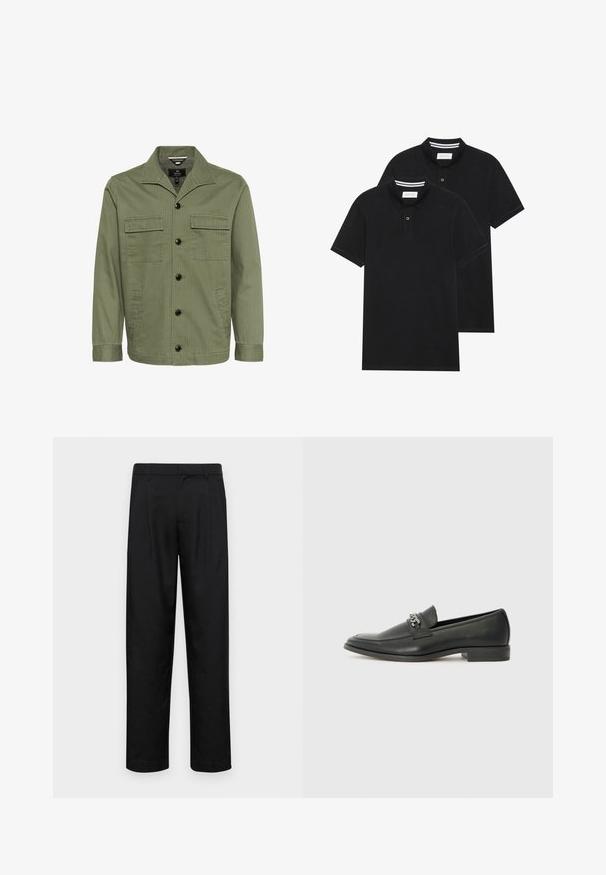 Maslinasto zeleni kaput od pamuka s ovratnikom, dvije džepove na prsima i prednje kopčanje na gumbe. Tkanina ima suptilnu prugastu teksturu.; Dva crna polo majice, kratki rukavi, pamučni materijal, sa klasičnom ovratnikom, čepom sa dva gumba i bijelim prugastim detaljima unutar ovratnika.; Crne hlače od glatkog materijala, s dizajnom ravnih nogavica, dva prednja nabora i standardnim pojasom s petljama za remen.; Crna kožna loafer cipela s glatkom finišem, s ušivenim uzorkom i dekorativnim metalnim lancem preko prednjeg dijela. Ravni potplat.
