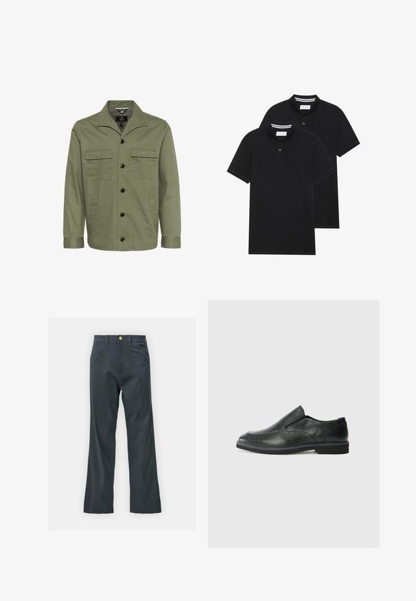 Olivi vihreä takki, joka on valmistettu puuvillasta ja jossa on kaulus, kaksi rintataskua ja etupainonappikiinnitys. Kankaassa on hienovarainen raidoitus.; Kaksi mustaa lyhythihaista poolopaitaa, puuvillamateriaalia, joissa on klassinen kaulus, kahden napin napitus ja valkoiset raidat kauluksen sisällä.; Mustat housut suoran lahkeen leikkauksella, valmistettu puuvillasekoitekankaasta. Varustettu metallinappikiinnityksellä ja sivutaskuilla. Ei näkyviä kuvioita.; Musta nahkainen liukujalkine, jossa on sileä pinta, ommeltuja yksityiskohtia, pyöristetty kärki ja matala kumipohja. Pohjassa on minimaalinen pito.