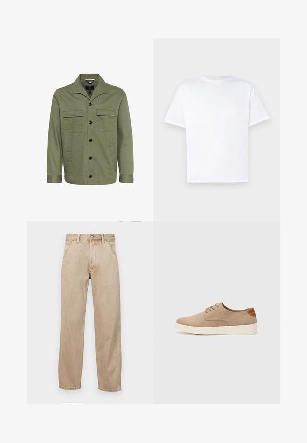 Olivově zelená bunda vyrobená z bavlny s límečkem, dvěma náprsními kapsami a předním zapínáním na knoflíky. Tkanina vykazuje jemnou proužkovanou texturu.; Bílý bavlněný tričko s kulatým výstřihem a krátkými rukávy. Hladká textura, rovný střih, bez vzorů nebo akcentů. Jen pohled zezadu.; Béžové džíny z denimu se středně širokým střihem, vybavené předními kapsami, kovovým zapínáním na knoflík a jemnou texturou.; Béžové semišové tenisky s kulatou špičkou, šněrováním vpředu a texturovaným zadním akcentem. Bílá gumová podrážka poskytuje kontrast. Jednoduchý a moderní design.