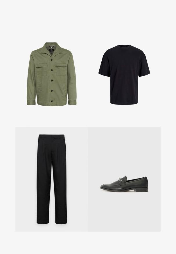 Jachetă verde măslinie din bumbac, cu guler, două buzunare pe piept și închidere cu butoane în față. Țesătura are o textură subtilă în dungi.; Tricou din bumbac negru, cu guler rotund, mâneci scurte și o croială lejeră. Textură netedă și fără modele sau accente vizibile.; Pantaloni negri dintr-un material neted, cu un design drept, două pliuri frontale și un tiv standard cu bucle pentru curea.; Pantofii negri din piele cu un finisaj neted, având un design cusut și un accent decorativ de lanț metalic peste partea de sus. Toc plat.
