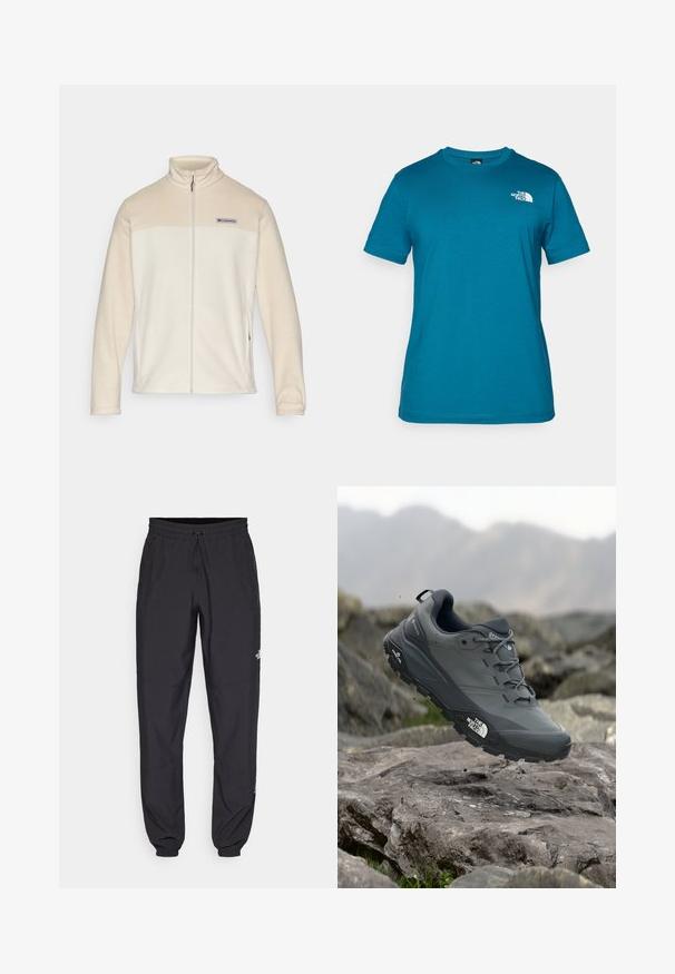 Veste en polaire couleur crème avec fermeture éclair sur le devant, col haut et logo Columbia au-dessus de la poitrine ; texture douce et design ajusté.; T-shirt à manches courtes teal en coton doux, arborant un logo blanc imprimé sur le côté gauche de la poitrine et un col rond classique.; Pantalon de sport noir en tissu léger, avec une taille à cordon, des poches latérales et des chevilles resserrées.; Chaussure de trail running grise avec un dessus texturé, semelle en caoutchouc durable et chaussure renforcée à l'avant. Comprend des lacets et un logo de la marque sur le côté.