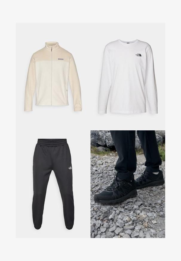 Cream-colored fleece jacket with a zip front, high collar, and Columbia logo above the chest; soft texture and fitted design.; White long-sleeve T-shirt made of cotton with a crew neck. Features a small black logo on the chest. Smooth texture, regular fit.; Black sweatpants with a drawstring waist, tapered fit, elastic cuffs, and a small white logo on the left thigh, made from smooth fabric.; Black outdoor shoes with mesh and synthetic material, featuring a textured upper, secured lacing system, and a rugged outsole, on rocky terrain.