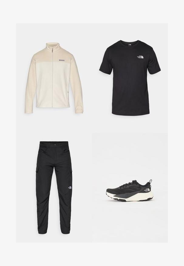 Casaco de fleece de cor creme com fecho éclair à frente, gola alta e logótipo da Columbia acima do peito; textura suave e design ajustado.; T-shirt preto de manga curta feito de algodão, com um decote redondo e um pequeno logótipo branco na parte superior esquerda do peito.; The North Face HORIZON PANT - Calças para exterior - black; Sapatilha atlética preta com parte superior em malha texturada, detalhes pretos sólidos e sola leve branca. Apresenta fecho com atacadores e alça de puxar.