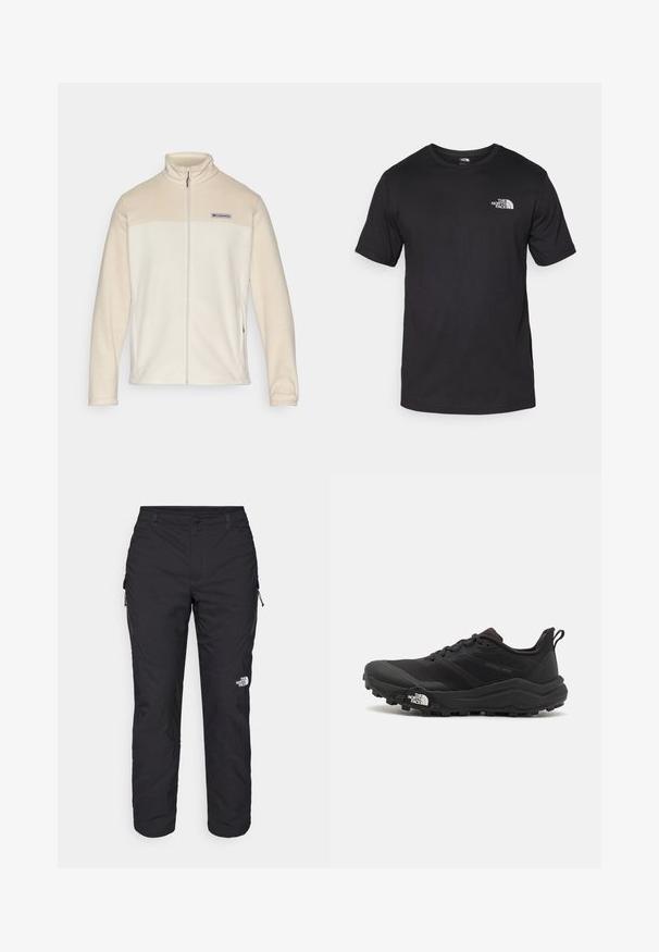 Kreemivärviline fliisjakke, millel on lukuga esikülg, kõrge kaelus ja Columbia logo rinna kohal; pehme tekstuur ja voolav disain.; Must have lühikeste varrukatega must T-särk, mis on valmistatud puuvillast, ümmarguse kaelusega ja väikese valge logoga vasakus ülanurgas.; The North Face WINTER EXPLORATION TAPERED CARGO - Õuepüksid - black; Must tume jooksujalats musta värvi, tekstuurse ülemise osaga, kummist tallaga ja tugevdatud varbaga. Omab pehmendusega krae ja tõmblinti mugavaks selga panemiseks.