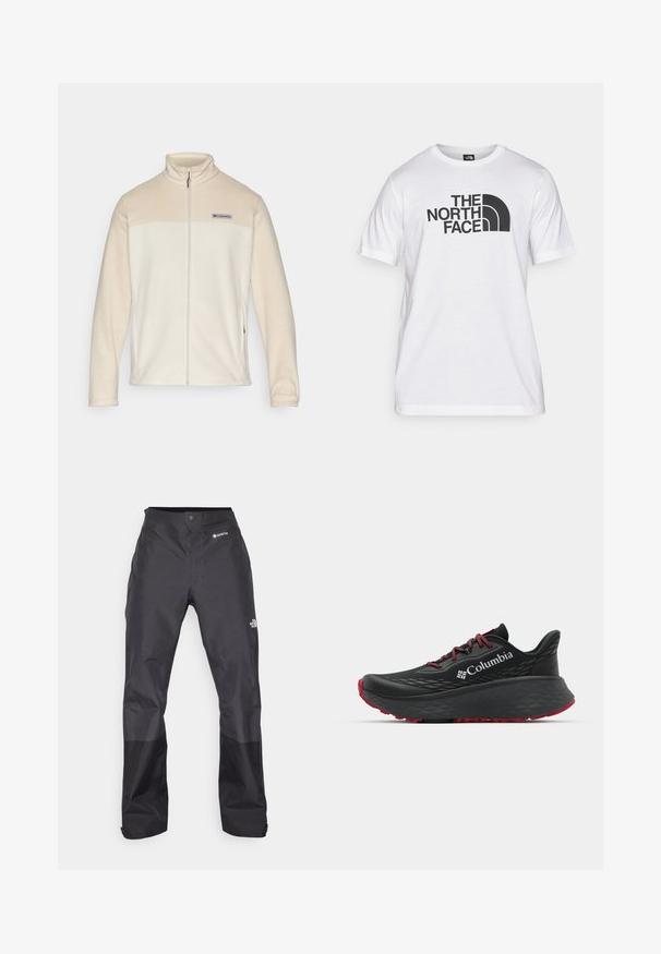 Cremfarbene Fleecejacke mit Reißverschluss, hohem Kragen und Columbia-Logo oberhalb der Brust; weiche Textur und taillierte Passform.; Weißes Baumwoll-T-Shirt mit einem schwarzen Grafikdruck, der Text und ein geschwungenes Logodesign zeigt. Runder Halsausschnitt und kurze Ärmel. Schlichte Textur.; Schwarze wasserdichte Hose mit glatter Textur, ausgestattet mit einem GORE-TEX-Logo auf der Vorderseite und verstärkten Unterschenkeln für zusätzliche Haltbarkeit.; Schwarzer Sportschuh mit strukturiertem Obermaterial, roten Schnürsenkeln und Logo. Dicke Sohle mit strukturiertem Profil für Traktion. Minimalistisches Design, Seitenansicht.