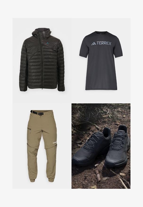 Czarna kurtka puchowa z suwakiem z przodu, kapturem i skośnym wzorem pikowania. Ma małe niebieskie logo na klatce piersiowej. Gładka, lekka faktura.; Czarny t-shirt z krótkim rękawem wykonany z lekkiego materiału, z jasnoszarym logo "TERREX" na piersi oraz okrągłym dekoltem.; Khaki spodnie outdoorowe z regulowanym czarnym paskiem, zamykanymi kieszeniami, zwężanymi nogawkami oraz odpinanymi dolnymi nogawkami, co umożliwia różnorodne stylizacje.; Czarne sportowe buty z teksturowanym cholewką z dzianiny, wzmocnionym noskiem i amortyzowaną podeszwą, wystawione na ziemi z naturalnym podłożem, z rozsypanymi gałązkami.