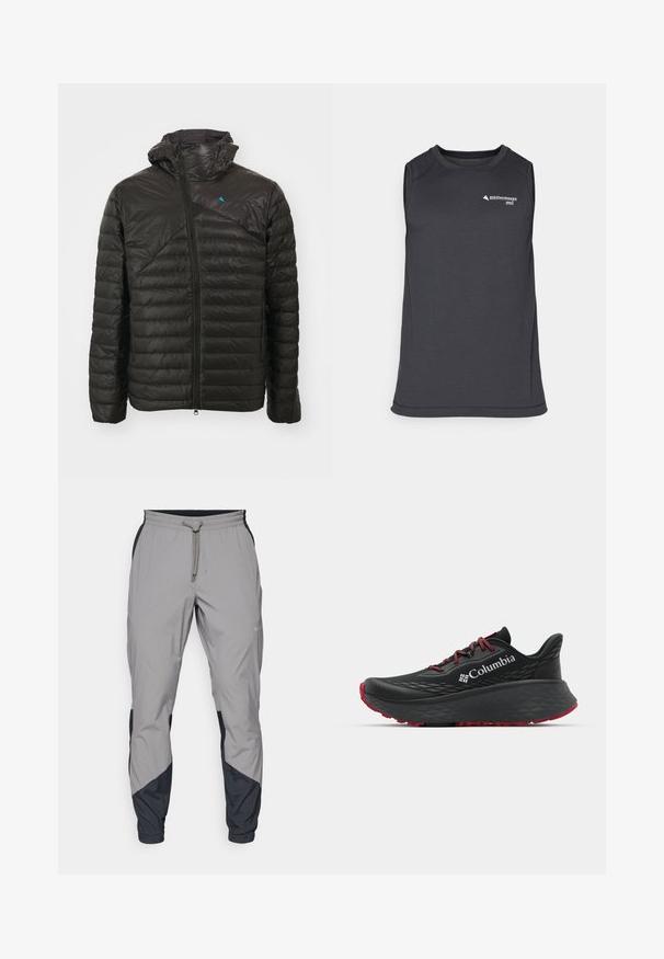 Mustmust maosärgi, millel on lukuga esiosa, kapuuts ja diagonaalne tikandimuster. Rinnal asub väike sinine logo. Sile ja kerge tekstuur.; Tänavase musta halli sporditop, millel puuduvad varrukad, on valmistatud tekstureeritud kangast, ümar kaelus ja väike logo aksent ees.; Kergedatud hallid sportlikud püksid mustade aktsentidega. Elastne vöökoht, stringiga sulgemine, kitsenev jala disain ja küljetaskud.; Mustan värvi spordijalats tekstuuriga pealisega, punaste paelte ja logoga. Paksem tallaga, millel on mustritooted kaheksast edasi liikumiseks. Minimalistlik disain, külgvaade.