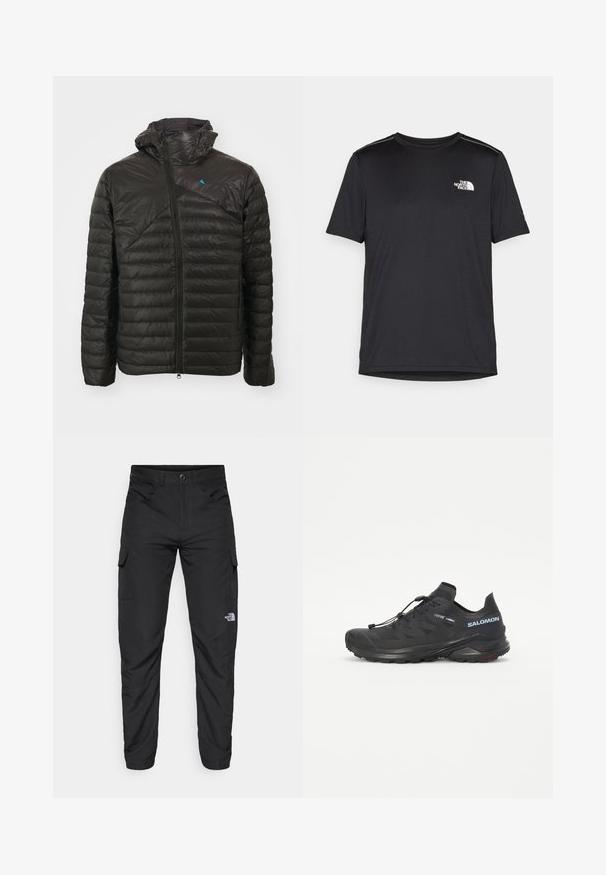 Black puffer jacket with a zip front, hood, and diagonal quilted pattern. Features a small blue logo on the chest. Smooth, lightweight texture.; Black short-sleeve T-shirt made from lightweight fabric. Features a small white logo on the left chest and subtle shoulder accents.; The North Face HORIZON PANT - Outdoor trousers - black; Black trail running shoe with a textured upper, elastic laces, and Contagrip outsole. Features a snug fit and protective toe cap.