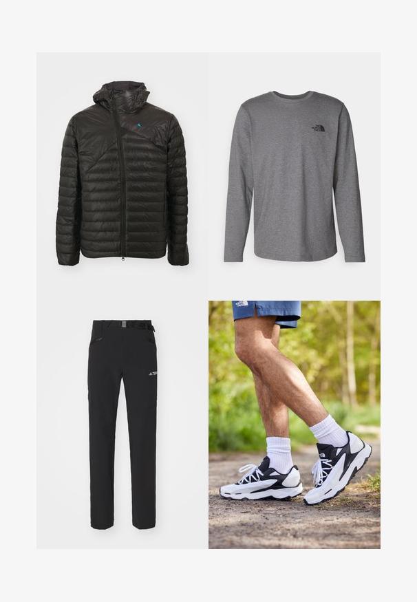 Mustan puffatakki, jossa on vetoketjulla suljettava etuosa, huppu ja diagonaalinen tikkauskuvio. Rintaan on sertifioitu pieni sininen logo. Sujuva ja kevyt rakenne.; The North Face M L/S SIMPLE DOME TEE - Pitkähihainen paita - medium grey heather; Mustat ulkoiluhousut, joissa on sileä kangas, sivuilla vetoketjulliset taskut, vahvistetut polviosat ja säädettävä vyötärö, jossa on solki.; Mustat ja valkoiset urheilukengät, joissa on verkkopinta, tekstuuriset yksityiskohdat ja valkoiset nauhat. Yhdistetty valkoisiin nilkkasukkiin ja laivaston sinisiin shortsireihin polulla.