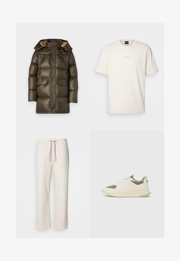 Blauer ABBOT - Dūnu mētelis - pigna green/beige; BOSS TEE - Pamata T-krekls - open white; Krēmkrāsas brīvā laika bikses ar auklu jostasvietā un taisnām kājām, attēlotas uz vienkārša balta fona.; Baltas un gaiši bež sporta apavi, ar sieta augšdaļu, perforētiem detaļām un teksturētu vidusdaļu ar zīmolu uz papēža.
