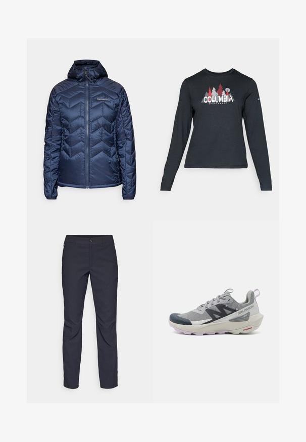 Veste matelassée marine avec capuche, présentant un motif en chevrons et une fermeture éclair. Matériau léger et manches élastiques pour un ajustement confortable.; Chemise à manches longues gris foncé avec un motif d'arbres rouges et de montagnes ; logo "COLUMBIA" en lettres blanches en gras. Tissu doux, col rond standard.; Pantalons bleu marine en tissu lisse, dotés d'une fermeture par bouton à l'avant, d'un design ajusté et de détails pliés au niveau des genoux.; La chaussure de course Salomon en gris et bleu marine présente un dessus en maille respirante, un embout en caoutchouc et une semelle texturée avec des accents lavande.