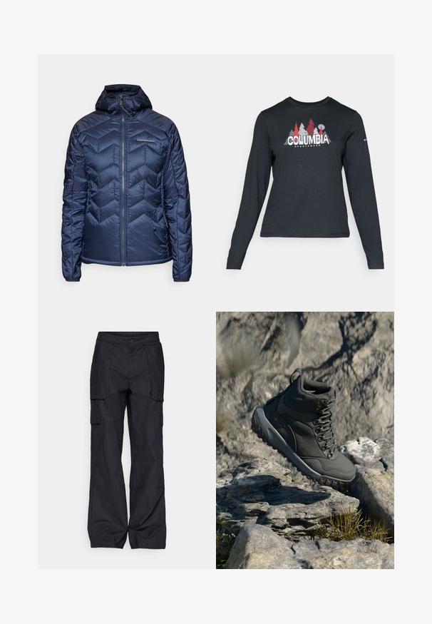 Veste matelassée marine avec capuche, présentant un motif en chevrons et une fermeture éclair. Matériau léger et manches élastiques pour un ajustement confortable.; Chemise à manches longues gris foncé avec un motif d'arbres rouges et de montagnes ; logo "COLUMBIA" en lettres blanches en gras. Tissu doux, col rond standard.; Columbia BREA FALLS™ COTTON RIPSTOP PANT - Pantalons outdoor - black; Botte de randonnée gris foncé en matériau synthétique, dotée d'un col rembourré, d'œillets en métal et d'une semelle en caoutchouc texturé pour une adhérence optimale.