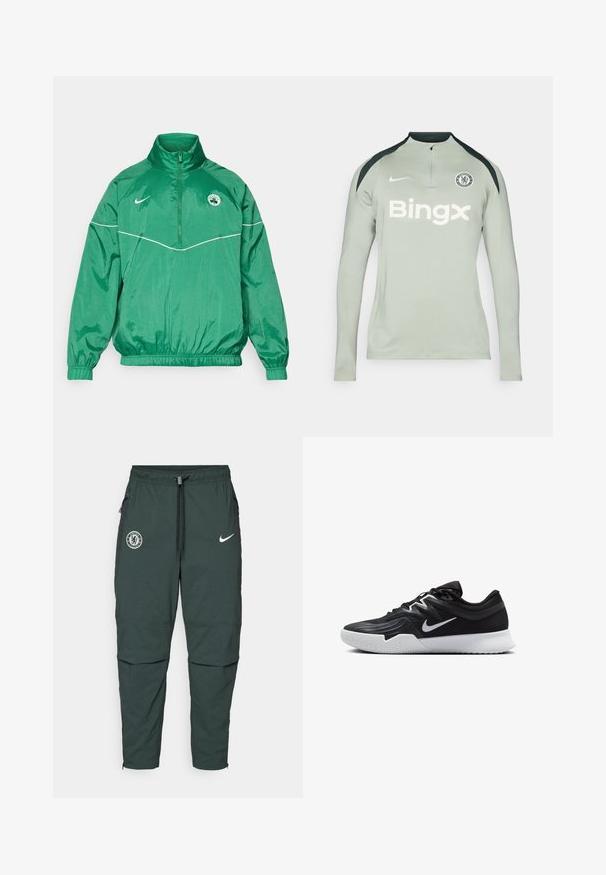 Grønn nylonjakke med høy krage, glidelås foran, elastiske mansjetter og liv, med hvit aksent og logo på brystet.; Langermet, lys grå treningsskjorte med svarte skulderdetaljer, glidelås hals, Nike-logo og 'Bingx'-tekst på forsiden. Chelsea FC-emblem til stede.; Mørkegrønne Nike joggebukser med elastisk midje, justerbar snøring, sidelommer og Chelsea FC-logo på venstre lår.; Svart treningssko med teksturert overdel, hvit Nike-swoosh og hvit gummisåle. Har snøring og en dynamisk form.