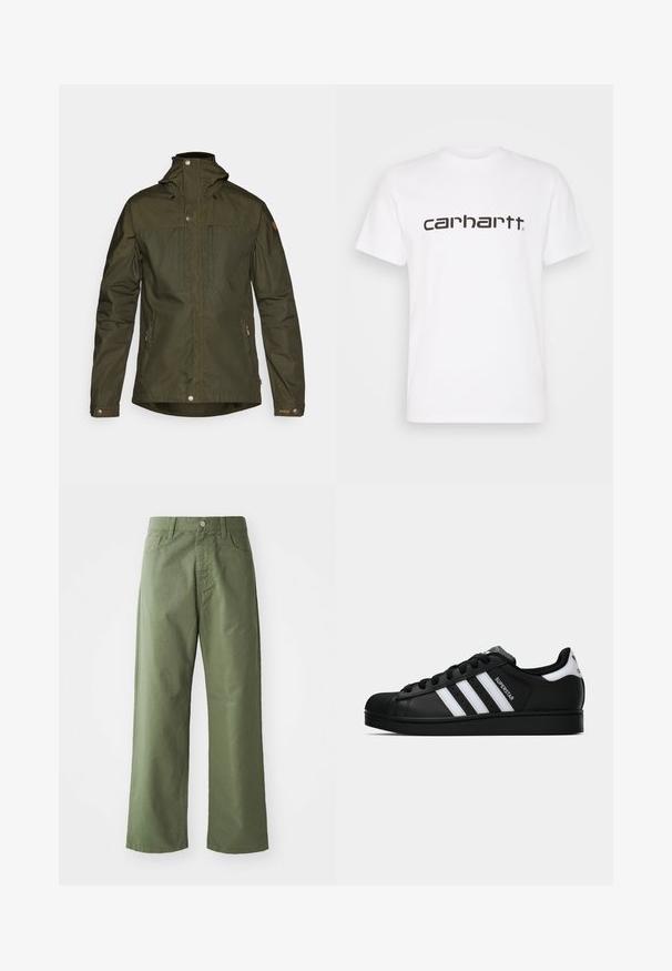 Olijfgroene, lichte jas met capuchon, drukknoopsluitingen en twee voorzakken; heeft een gladde textuur en een minimalistisch ontwerp.; Witte katoenen t-shirt met korte mouwen en ronde hals. Voorzien van een groot "carhartt" logo in donkerbruin over de borst.; Olijfgroene wijde broek van katoen. Voorzien van riemlussen, een sluiting met een knop aan de voorkant en zijzakken. Het heeft een gladde textuur.; Zwarte Adidas Superstar sneaker met witte strepen, schelpneus en 'Superstar' tekst aan de zijkant, afgebeeld in zijaanzicht op een witte achtergrond.