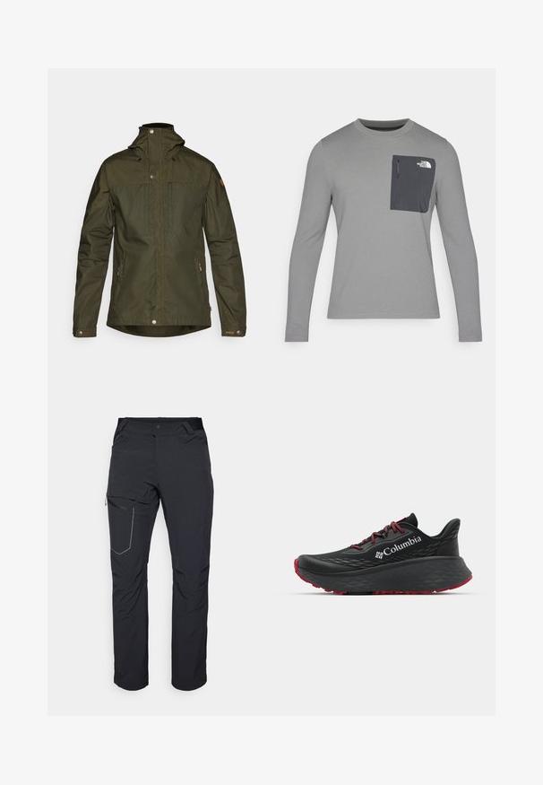 Oliven grønn, lett jakke med hette, trykknapper og to frontlommer; har en glatt tekstur og minimalistisk design.; Langermet grå skjorte med strukturert stoff, med en mørk grå brystlomme og glidelås. Logo på lommen i hvitt.; Svart utendørsbukser med en glidelåslomme på låret, elastisk midje og glatt, vannavstøtende stoff. Renslig design uten synlige logoer.; Svart treningssko med teksturert overdel, røde snører og logo. Tykksåle med mønstrede dekk for bedre veigrep. Minimalistisk design, sidevinkel.