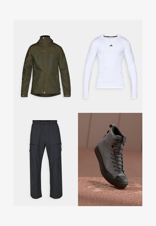 Oliven grøn, letvægtsjakke med hætte, trykknapper og to frontlommer; har en glat tekstur og minimalistisk design.; Hvid langærmet atletisk skjorte lavet af strækstof, med rund halsudskæring og et sort Adidas-logo på brystet.; Sorte cargo bukser med elastisk talje, to lynlåslommer og et let, glat stof.; Højhælede sneakers i grå læder med en tekstureret finish, sort gummi tåhætte og grå snørebånd. Har en trækflig ved hælen.