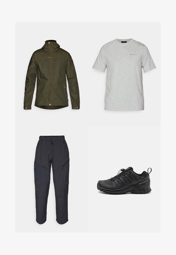 Olivengrüne, leichte Jacke mit Kapuze, Druckknöpfen und zwei Vordertaschen; verfügt über eine glatte Textur und ein minimalistisches Design.; Helles graues T-Shirt mit kurzem Arm und Rundhalsausschnitt, mit dezentem "Peak Performance"-Logo auf der linken Brust.; Schwarze Cargo-Hosen aus leichtem, wasserabweisendem Material; verfügen über einen elastischen Bund, mehrere Reißverschlusstaschen und schmal zulaufende Beine.; Schwarzer Sportschuh mit einer strukturierten, synthetischen Oberseite, gepolsterten Sohle und einem schnellen Schnürsystem. Verfügt über eine verstärkte Zehen- und Fersenkappe.