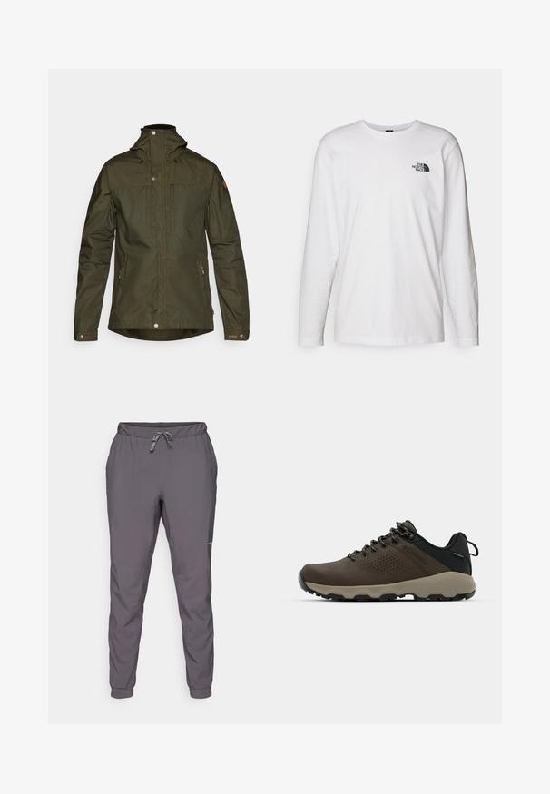 Oliven grøn, letvægtsjakke med hætte, trykknapper og to frontlommer; har en glat tekstur og minimalistisk design.; Hvid langærmet T-shirt lavet af bomuld med rund hals. Har et lille sort logo på brystet. Glat tekstur, almindelig pasform.; Grå, lette bukser med elastisk talje og justerbar snøre; tapered ben; glat tekstur; inkluderer logo detaljer på siden.; Brune vandtætte sneakers med en tekstureret overflade, perforerede akcenter, sort hælunderstøttelse og en grå gummisål. Snørebåndene er udsmykket med metalender.