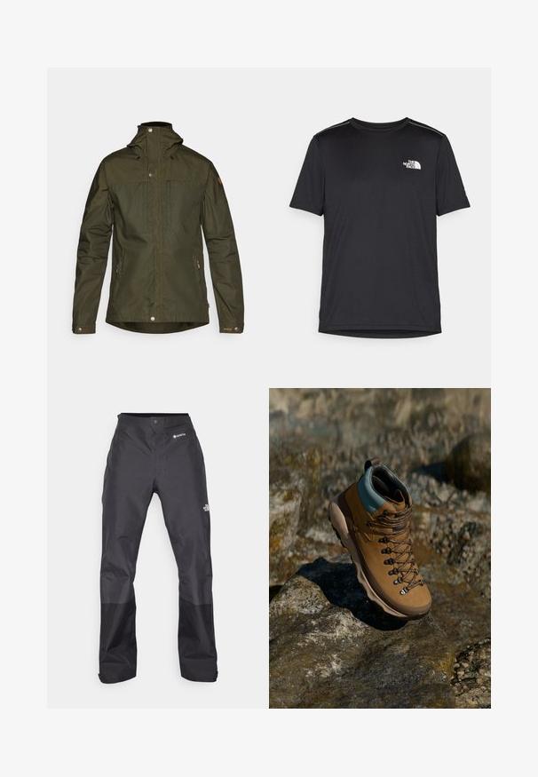 Alyvuogių žalia, lengva striukė su gobtuvu, užsegama spaudėmis ir turinti dvi priekines kišenes; pasižymi lygiu paviršiumi ir minimalistišku dizainu.; Juodas trumpas rankovės marškinėliai, pagaminti iš lengvos medžiagos. Yra mažas baltas logotipas kairiajame krūtinės pusėje ir subtilūs pečių akcentai.; Juodos vandeniui atsparios kelnės su lygiu paviršiumi, su GORE-TEX logotipu priekyje ir sustiprintomis apačiomis dėl ilgaamžiškumo.; Rudi žygio batai su sintetine viršutine dalimi, šviesiai mėlynu apvadu, metaliniais akių laikikliais ir tekstūruotu gumuotu padu. Sukurti lauko veikloms.