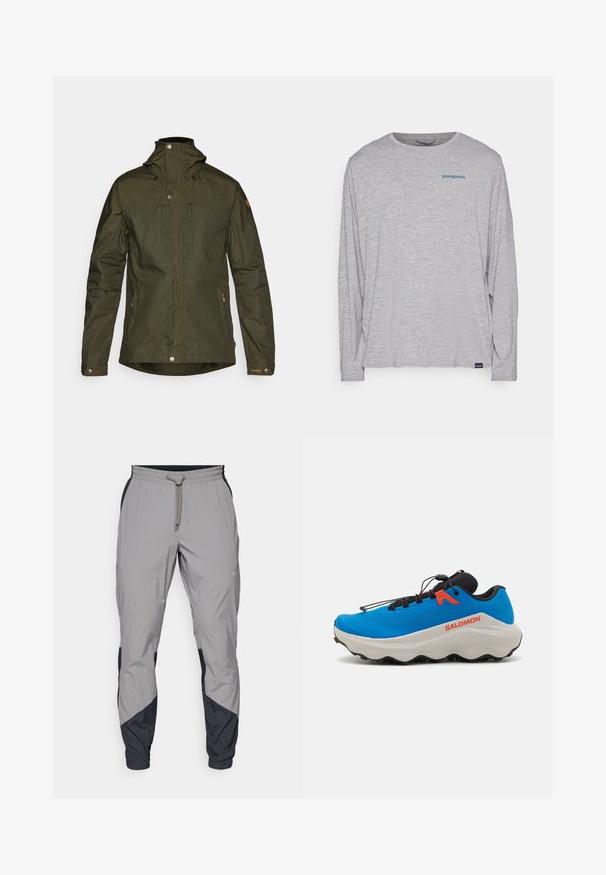 Olívovo zelená, ľahká bunda s kapucňou, cvokovými gombíkmi a dvomi prednými vreckami; má hladkú textúru a minimalistický dizajn.; Svetlošedé tričko s dlhým rukávom vyrobené z mäkkého, textúrovaného materiálu. Obsahuje okrúhly výstrih a malú modrú Patagonia logo na hrudi.; Ľahké, šedé športové nohavice s čiernymi akcentmi. Elastický pás, sťahovanie pomocou šnúrky, zúžený strih nohavíc a bočné vrecká.; Modré športové topánky s textúrovaným zvrškom, čiernymi akcentmi, polstrovanou bielou podrážkou a nastaviteľným systémom šnurovania pre bezpečné uchytenie.
