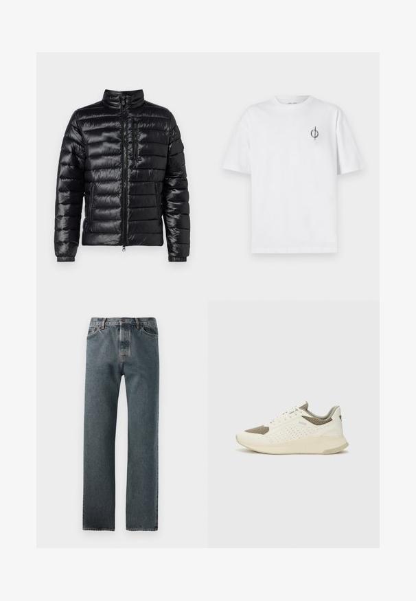 Črno puhovko z dvignjenim ovratnikom, horizontalno prešitimi oblinami, z zadrgo zaprto prsno žepom in elastičnimi manšetami; sijoč, lahek material.; Bela bombažna majica s sproščenim krojem, ki ima majhen črn grafični logotip na levem prsnem delu. Kratke rokave, okrogel izrez.; Denim hlače v temnem pranju, s pravo linijo, subtilnim šivanjem in gumbom za zapiranje ter petimi žepi.; Beli in svetlo bež športni copat, s mrežastim zgornjim delom, perforiranimi detajli in teksturirano srednjim delom z blagovno znamko na peti.