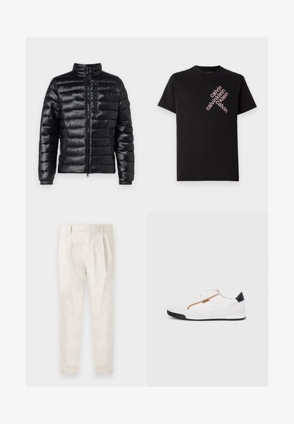 Crna pufferska jakna s uspravnim ovratnikom, horizontalnim šivaćim dizajnom, patentnim zatvaračem na prsnom džepu i elastičnim manžetama; sjajni, lagani materijal.; Crna pamučna majica s dijagonalnim ružičastim otiskom "calvin klein" na prednjem dijelu. Kratki rukavi i okrugli izrez.; Bijele, naborane hlače s krojem po mjeri, koje imaju glatku teksturu, petlje za pojas i sužene nogavice. Nema vidljivih džepova ili uzoraka.; Bijele atletske tenisice s mrežastim i kožnim detaljima. Imaju zlatni "BOSS" logo, teksturirane bočne panele i crnu kapicu na peti. Gumeni potplat.