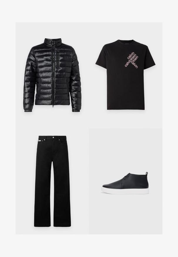Giacca a vento nera con colletto rialzato, design trapuntato orizzontale, tasca sul petto con zip e polsini elasticizzati; materiale lucido e leggero.; T-shirt in cotone nero con stampa diagonale del logo "calvin klein" in rosa sul davanti. Maniche corte e scollo rotondo.; Pantaloni in denim nero con design a gamba larga, dotati di cinque tasche e hardware in metallo per i bottoni. Texture liscia, senza motivi visibili.; Sneakers alte in pelle nera con finitura liscia, suola in gomma bianca e un design semplice con lacci. Presentano un occhiello sul retro.