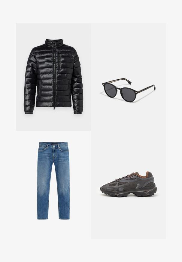 Veste doudoune noire avec un col montant, design matelassé horizontal, poche zippée sur la poitrine et poignets élastiques ; matériau léger et brillant.; T-shirt en coton rouge à manches courtes, col rond, et un petit logo sur la poitrine gauche. Texture lisse et coupe régulière.; Jean en denim bleu clair avec un design à jambe droite, lavage décoloré, style à cinq poches, coutures contrastantes et fermeture à bouton à l'avant.; Baskets Lacoste en gris foncé, en matériau mesh et synthétique, avec une semelle texturée et des accents marron sur le col et le branding.; BOSS Lunettes de soleil - black