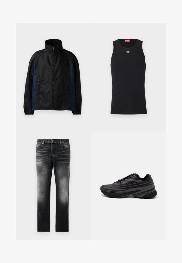 Casaco corta-vento preto e azul-marinho com um colarinho alto, fecho éclair na frente e bolsos laterais, com punhos elásticos e uma textura suave.; Camisola preta sem mangas feita de tecido suave, com decote redondo, aberturas para os braços e um pequeno logótipo vermelho no peito. Design simples.; Calças jeans pretas com acabamento desbotado e detalhes desgastados, design padrão de cinco bolsos e fecho com zip. Feitas de tecido denim.; Shoe de corrida preta com um cabedal texturizado apresentando riscas cinzentas. Sola grossa para amortecimento, bico redondo e atacadores planos para um ajuste seguro.