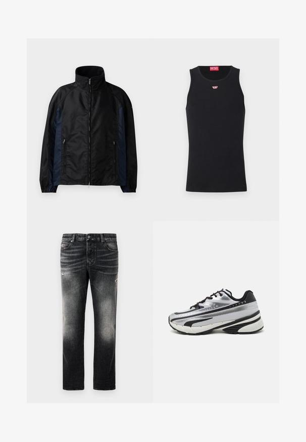 Črna in mornarsko modra vetrovka z visokim ovratnikom, z zadrgo na sprednji strani, stranskimi žepi, elastičnimi manšeti in gladko teksturo.; Črna bombažna majica brez rokavov z okroglim izrezom. Majhna rdeča logo Diesel je prišita na prsih. Gladka tekstura, prilegan obliko.; Črne kavbojke z blagim oljčnim opravkom in raztrganimi detajli, standardnim petimi žepi in zapiranjem na zadrgo. Narejene so iz denim tkanine.; Tekmovalni čevlji za tek z zgornjim delom iz srebrne mreže, črnimi detajli in belim podplatom. Imajo teksturiran dizajn in črne vezalke. Lahki in oblazinjeni.