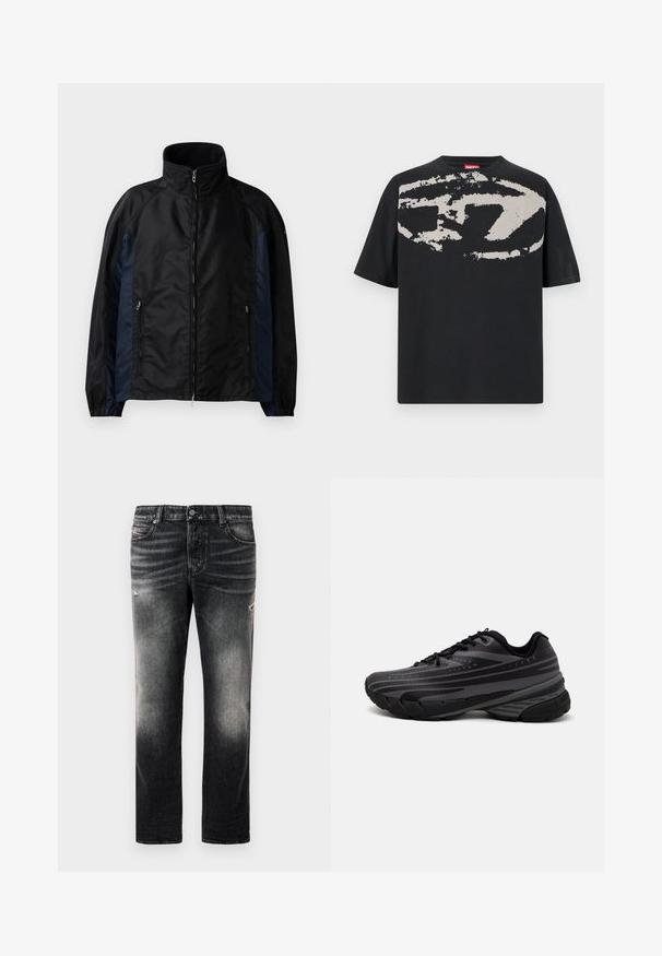 Sort og marineblå vindjakke med høy krage, glidelås foran, sidelommer, elastiske mansjetter og en glatt tekstur.; Svart t-skjorte med en stor, abstrakt lysegrå grafikk på forsiden. Korte ermer og en klassisk rund halslinning. Laget av bomull.; Sorte jeans med en falmet finish og slidte detaljer, standard fem-lomme-design og glidelås foran. Laget av denimstoff.; Svarte joggesko med en teksturert overdel som har grå striper. Tykk såle for demping, rund tå og flate snører for en sikker passform.
