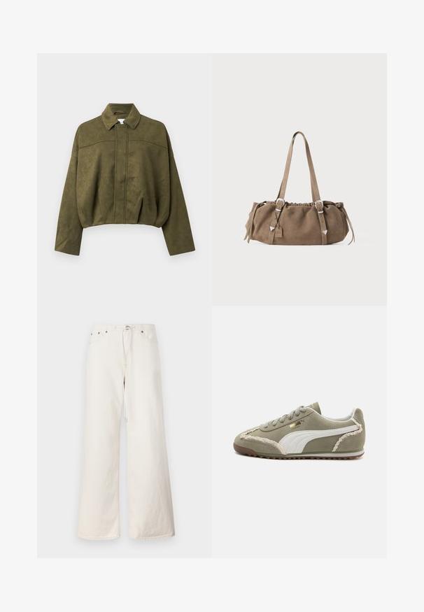 Olivově zelená, zkrácená bunda z jemného materiálu podobného semiši. Má stojáček, přední zip a volné široké rukávy.; Beige pletený svetr s kulatým výstřihem, který má texturované diamantové vzory a žebrované manžety a lem. Příjemný a objemný pletený design.; Bílé široké denimové kalhoty s elastickým pasem na stahování, předními kapsami a jemnými švy. Vyrobeno z odolného bavlněného materiálu.; Zelené semišové tenisky s bílými koženými akcenty, texturovaným prošíváním, šněrovacím předním dílem a gumovou podrážkou. Obsahují jedinečné designové prvky podél boků.; Hnědá semišová kabelka se staženým vrškem, kovovými stříbrnými akcenty a dvěma ramenními popruhy. Má obdélníkový tvar a minimalistický design.