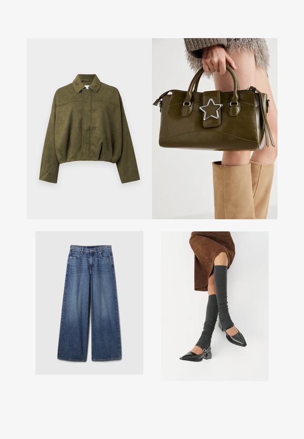 Giacca corta verde oliva in materiale morbido simile alla suede. Caratterizzata da un colletto rialzato, chiusura frontale con zip e maniche ampie e larghi.; Set di due maglie a maniche lunghe, bianche e nere. Texture a coste, scollo tondo, design aderente con maniche leggermente svasate.; Jeans in denim blu a gamba larga con una finitura sbiadita, dotati di chiusura a bottone e zip, cinque tasche e passanti per cintura.; Scarpe nere in pelle verniciata con punta affilata, tacco a blocco e cinturino alla caviglia, abbinate a scaldamuscoli grigi a coste e una gonna in suede marrone.; Borsa a mano in similpelle verde oliva con accentatura a stella argentata, manici doppi e chiusura con zip. Superficie testurizzata e forma strutturata.