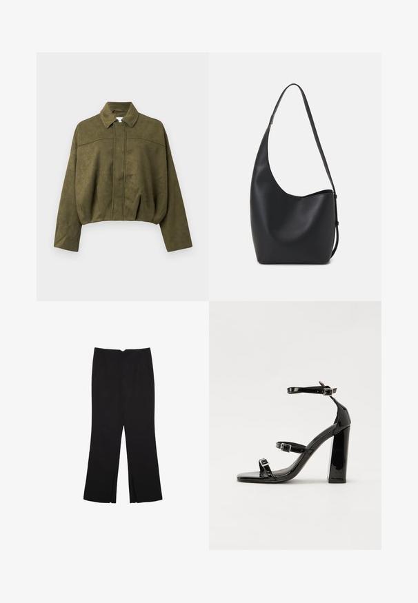 Olivově zelená, zkrácená bunda z jemného materiálu podobného semiši. Má stojáček, přední zip a volné široké rukávy.; Černý top na ramínka vyrobený z bavlny, s kulatým výstřihem a širokými průramky. Hladká textura s prošitými lemy. Klasický, minimalistický design.; Černé kalhoty s rovným střihem, s předními kapsami a bočními rozparky na lemu. Vyrobené z jemné, hladké tkaniny. Vhodné na různé příležitosti.; Černé lakované sandály na podpatku se čtveratou špičkou, lýtkovými pásky a stříbrnými přezkami. Disponují masivním blokovým podpatkem pro stabilitu.; Černá kožená hobo taška s hladkým povrchem, zakřiveným tvarem a jedním nastavitelným popruhem; má široké otevírání nahoře.