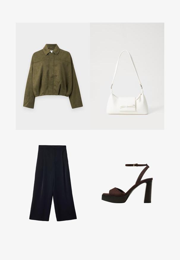 Maslinasto zelena, skraćena jakna od mekanog materijala sličnog nubuku. Ima stajaći ovratnik, zatvaranje na patentni zatvarač sprijeda i široke, opuštene rukave.; Bijela majica kratkih rukava od pamuka. Ima okrugli izrez i opušteni kroj. Glatka tekstura bez vidljivih uzoraka ili naglasaka.; Široke crne hlače izrađene od lagane tkanine. Imaju nabran prednji dio, visok struk i slobodan kroj oko nogu.; Smeđe zamšaste sandale s visokim potpeticama, otvorenim prstima, podesivom trakicom oko gležnja i prugastom platformom.; Bijela sintetička torbica s trokutastim oblikom, ravnim prednjim poklopcem i detaljem u obliku mašne, podesivom remenom, glatkom teksturom i minimalističkim dizajnom.