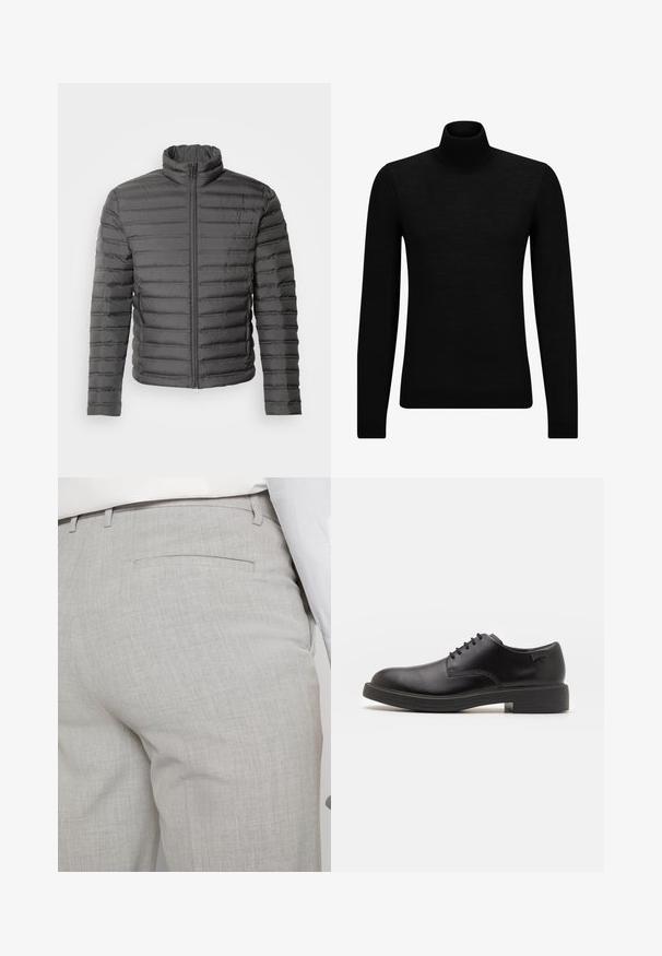 Colmar Originals MENS JACKET - Dunjacka - vulcan-muddy; Svart polotröja gjord av mjukt material, med långa ärmar och en åtsittande passform. Ribbat avslut vid fåll och ärmslut. Enkelt mönster.; Ljusgrå skräddarsydda byxor av texturerat tyg med en enda bakficka och rena sömmar.; Svart läder snörsko med rund tå, slät yta, minimal söm och låg gummihäl. Logotyp på hälen.