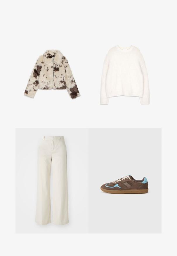 Faux fur cropped jakke i creme med mørkebrune pletter, med krave og frontlynlås. Blød tekstur og mønsterdesign.; Hvid, fluffy sweater med rund halsudskæring, lange ærmer og en afslappet pasform. Lavet af blød, tekstureret stof med ribstrikkede manchetter og kant.; Bredde ben-bukser i en lys beige farve, lavet af et glat stof. Har en klassisk talje og flad front med rene linjer.; Brune ruskind sneakers med lyseblå detaljer, hvide snørebånd og gummisål, vist i sideprofil på hvid baggrund.