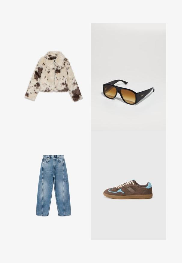 Nepbont cropped jack in crème met donkerbruine vlekken, voorzien van een kraag en een rits aan de voorkant. Zachte textuur en patroonontwerp.; Witte, dikke trui met een ronde hals, lange mouwen en een ontspannen pasvorm. Gemaakt van zachte, gestructureerde stof, met ribgebreide mouwen en zoom.; Lichtblauwe denim jeans hebben een relaxte pasvorm, grote zakken en contrasterende stiksels. De stof heeft een vervaagde afwerking met een soepele textuur.; Bruine suède sneaker met lichtblauwe accenten, witte veters en een gumrubberen zool, weergegeven inzijaanzicht op een effen witte achtergrond.; Zwarte rechthoekige zonnebril met bruine verlooplenzen. Gemaakt van plastic, met een glad oppervlak en een subtiele gouden logo op de poot.
