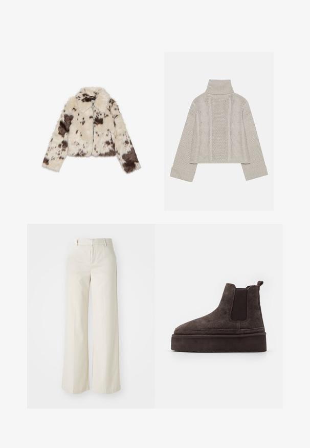 Kremskrāsas mākslīgās kažokādas īsā jaka ar tumši brūniem pleķiem, ar apkakli un priekšējo rāvējslēdzēju. Mīksta tekstūra un rakstains dizains.; Izgriezts, gaiši pelēks adīts džemperis ar augstu apkakli un ribotiem piedurknēm, ar fakturētām virknēm gar muguru un sāniem.; Platas kājās bikses gaisā bežā krāsā, izgatavotas no gludas auduma. Iezīmē klasisku jostasvietu un plakanu priekšpusi ar tīrām līnijām.; Brūni zamša Chelsea zābaki ar elastīgiem sānu paneļiem un biezas, teksturētas platformas zoli. Iespējams, ir vilkšanas cilpa uz papēža, kas atvieglo uzvilkšanu.