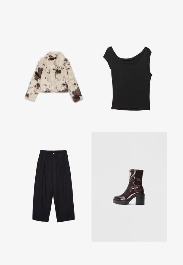 Giacca corta in morbido pelliccia sintetica di colore crema con macchie marroni scure, dotata di colletto e zip frontale. Texture morbida e design a motivi.; Top nero a maniche corte realizzato in tessuto liscio; presenta un colletto drappeggiato e un orlo asimmetrico, con una vestibilità aderente.; Pantaloni culotte neri in poliestere con una cintura elastica, due pieghe frontali e una silhouette ampia. Nessun motivo visibile o dettagli in metallo.; Stivale alla caviglia bordeaux lucido con un tacco spesso nero, caratterizzato da una superficie liscia e un design semplice. Nessuna chiusura visibile o motivo.