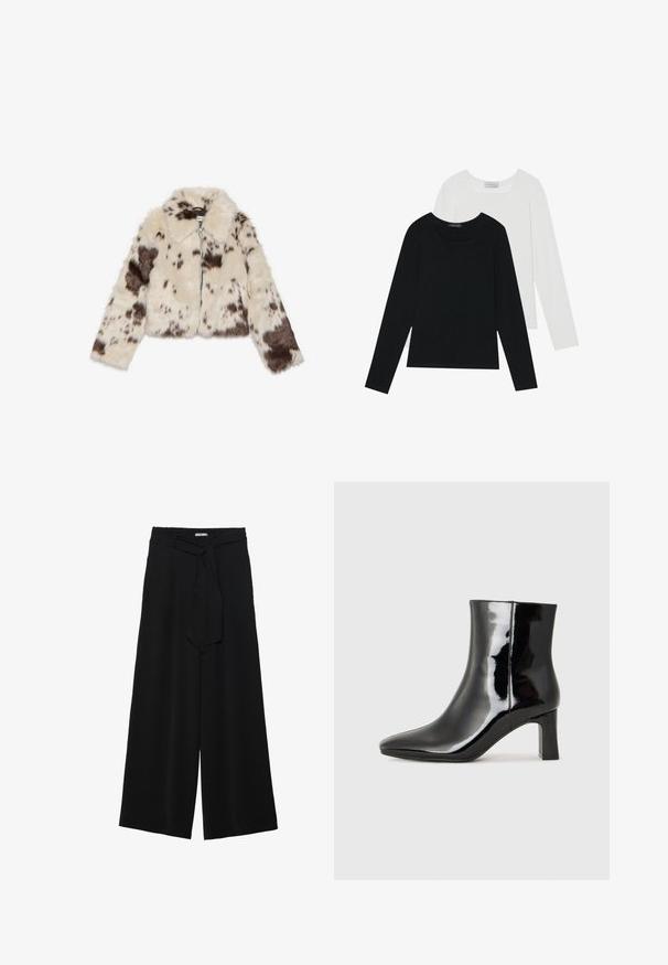 Krém színű, sötétbarna foltokkal díszített, műszőrme cropped dzseki, gallérral és elülső cipzárral. Puhaság és mintás dizájn jellemzi.; Két hosszú ujjú felső, az egyik fekete, a másik fehér, mindkettő négyzet alakú nyakkivágással rendelkezik, és puha, rugalmas anyagból készült.; Fekete, bő szárú nadrág, texturált anyagból, rugalmas derékpánttal és levehető sállal a derekán, amely állítható illeszkedést biztosít.; Fekete lakk bőrcipő bokáig érő, hegyes orral és közepes magasságú tömbsarokkal. Simább textúrával és minimalista dizájnnal rendelkezik.