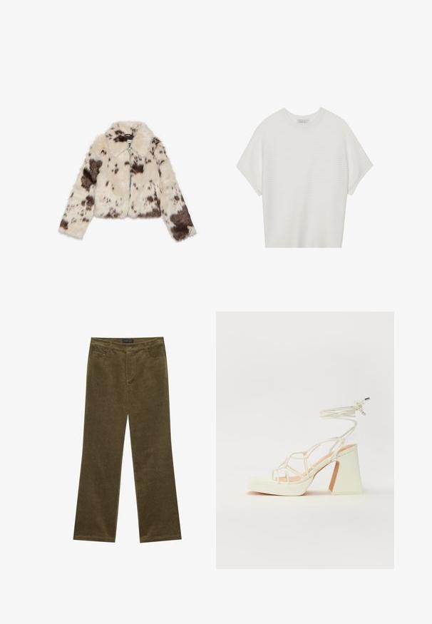 Kratká bunda z umělého kožešinového materiálu v krémové barvě s tmavohnědými skvrnami, s límcem a předním zipem. Měkká textura a vzorovaný design.; Bílý krátký rukáv tričko s širokým kulatým výstřihem a texturovaným žebrovaným vzorem, vyrobené z měkké látky, s uvolněným střihem a čistým designem.; Olivově zelené kordové nohavice s rozšířenými nohavicemi, pěti kapsami, viditelným šitím a knoflíkovým zapínáním v pase pro bezpečné nošení.; Bílé sandály na vysokém podpatku s robustním podpatkem, s designem s pásky a zavazováním kolem kotníku. Hladký povrch s platformou vpředu pro zvýšení výšky.
