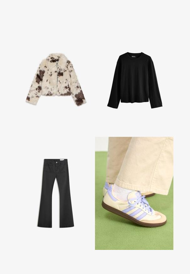 Faux fur cropped jakke i creme med mørkebrune pletter, med krave og frontlynlås. Blød tekstur og mønsterdesign.; Sort langærmet T-shirt lavet af blødt bomuld. Har en rund halsudskæring, afslappet pasform og minimalistisk design uden mønstre eller pynt.; Sorte flared jeans lavet af denim med en glat tekstur, som har to baglommer og en knaplukning i taljen.; Creme og lavendel sneakers med tre striber og en tekstureret brun sål, der har snørebånd og en polstret hæl. Blødt stof øvre.