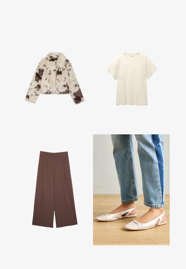 Kratka jakna od umjetnog krzna u krem boji s tamnosmešnim mrljama, s ovratnikom i prednjim patentnim zatvaračem. Mekana tekstura i uzorčani dizajn.; Svijetlo bež majica kratkih rukava s okruglim izrezom, izrađena od meke, glatke tkanine. Karakterizira je opušteni kroj i ravni rub.; Smeđe hlače širokog kroja s glatkom teksturom, koje imaju visok struk i nabore sprijeda. Tkanina je lagana i slobodno se kreće.; Svijetlo ružičaste slingback balerinke s šiljastim vrhom, izrađene od glatkog materijala nalik koži. Sadrže izrezane detalje sa strane i ravnu petu.
