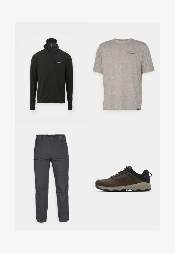 Μαύρο τζάκετ με φερμουάρ και ψηλό γιακά, απαλή υφή, μακριά μανίκια και ρυθμιζόμενα κορδόνια. Διαθέτει ένα μικρό λογότυπο στο στήθος.; Γκρι κοντομάνικο T-shirt φτιαγμένο από μαλακό, υφασματοποιημένο υλικό με μικρό μπλε λογότυπο Patagonia στο αριστερό στήθος. Χωρίς επιπλέον μοτίβα.; Σκούρες γκρι παν trousers από ανθεκτικό ύφασμα, με τσέπη με φερμουάρ, ευθεία γραμμή και θηλιές για ζώνη για ρυθμιζόμενη εφαρμογή.; Καφέ αδιάβροχα αθλητικά παπούτσια με υφασμάτινη επάνω επιφάνεια, διατρήσεις, μαύρη στήριξη στη φτέρνα και γκρι ελαστική σόλα. Οι κορδόνες είναι διακοσμημένες με μεταλλικές άκρες.