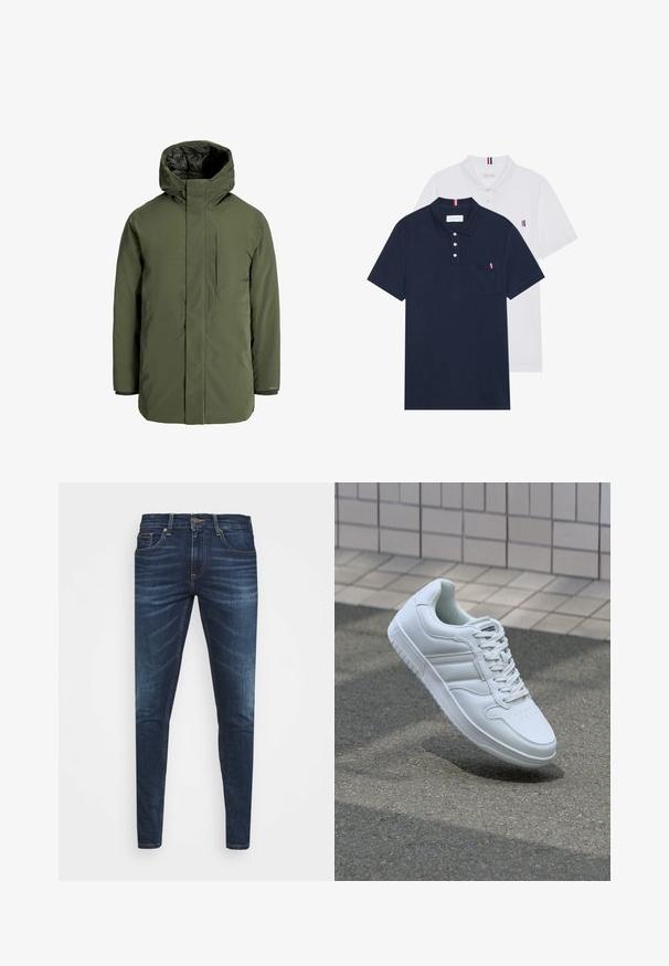 Olivenfarget isolert parka-jakke med høy krage, hette og glidelås-lomme på brystet. Har en glatt tekstur og minimalistisk design.; To polo skjorter: en marineblå og en hvit, begge med en liten rød, hvit og blå aksent på brystlommen og kragen.; Mørkeblå denimjeans med smal passform, subtil falming, fem lommer og metallknaplukking. Sømmer i kontrastfarge.; Hvit atletisk sneaker med glatt skinnoverside, snøring foran, perforert tå og mønstrets såle. Minimalistisk design med tre side-striper.
