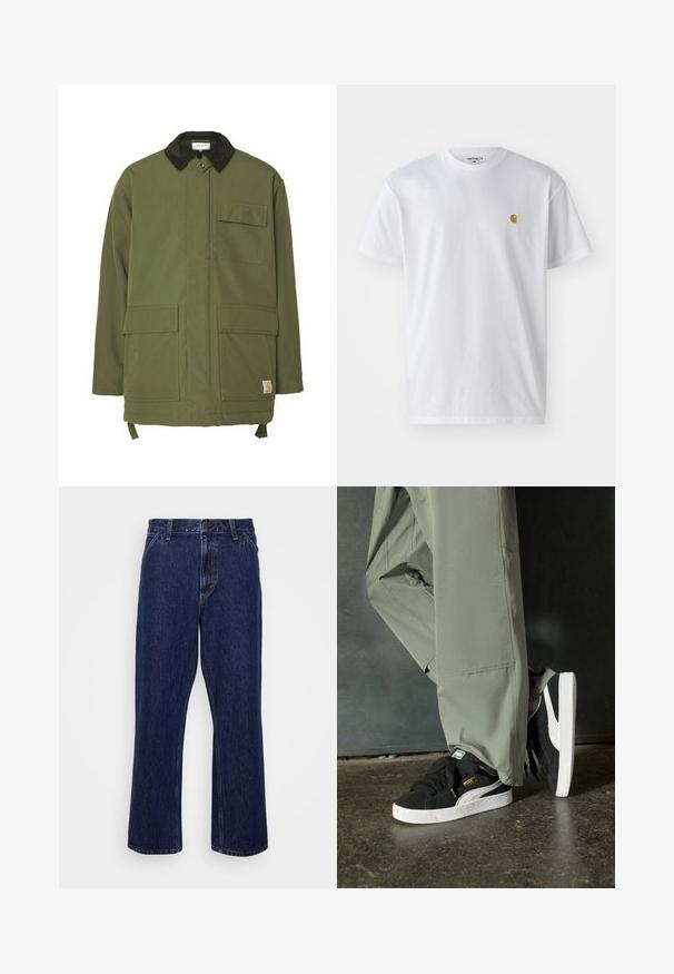 Olive green jacket with a corduroy collar, featuring a front snap closure and two front pockets. Made of durable fabric with a longer cut.; White cotton t-shirt with short sleeves, crew neck, featuring a small gold logo on the left chest area. Soft texture and regular fit.; Dark blue denim jeans with a straight-leg design, featuring a button closure, five-pocket style, and subtle stitching details.; Black suede sneakers with white rubber soles and side stripes, paired with light green cargo pants, standing on a textured dark surface.