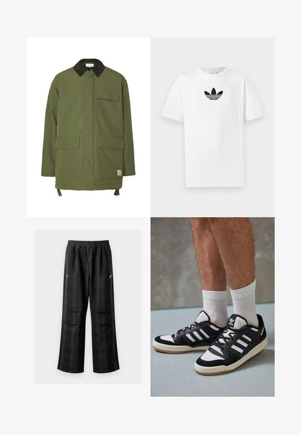 Olive zaļš jakas ar korduroja apkakli, ar priekšējo pogu slēgšanu un divām priekšējām kabatām. Izgatavota no izturīga auduma ar garāku griezumu.; Balta kokvilnas T-kreklu ar melnu Adidas logo centrā. Īsas piedurknes un apaļas kakla izgriezums. Gluda tekstūra.; Melnas kvadrātveida bikses ar elastīgu jostu, divām priekšējām kabatām un brīvu piegriezumu ar taisnām kājām. Izgatavotas no viegla materiāla.; Melnas un baltas kedas ar zamša un ādas augšdaļu, kas aprīkotas ar trim baltām svītrām, perforētu purngali un gumijas zolēm.